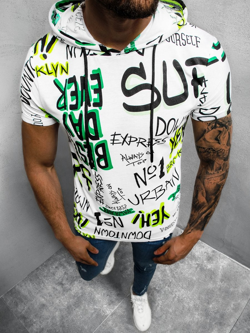 T-Shirt męski z nadrukiem biało-zielony OZONEE O/BL208Z