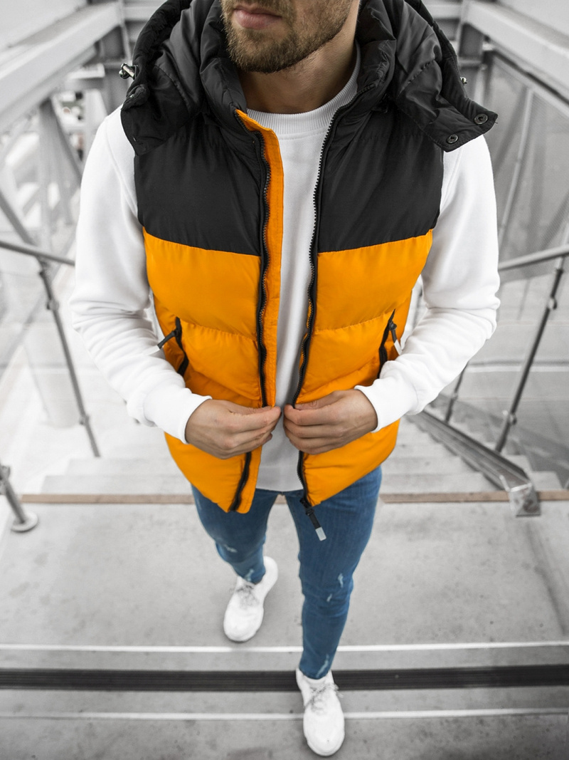 Kamizelka męska pikowana z kapturem camelowo-czarna OZONEE JS/M1189/333