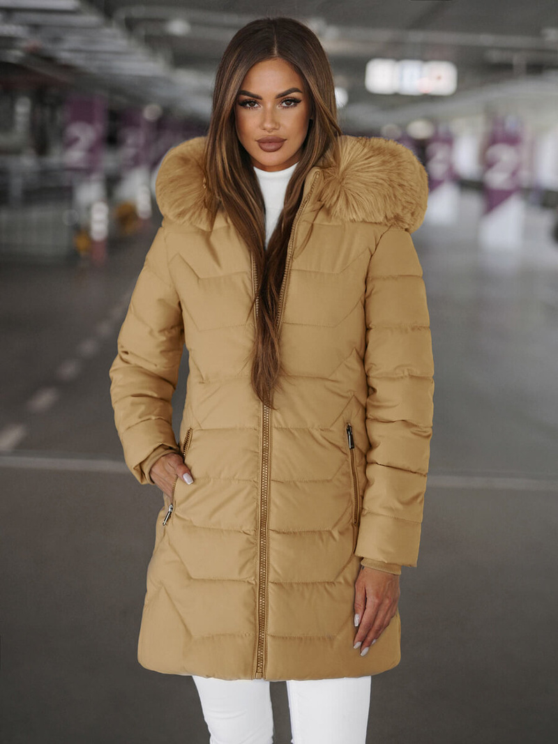 Kurtka zimowa damska długa z futerkiem beżowa OZONEE JS/16M9121/62Z