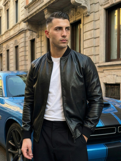 Чоловіча шкіряна куртка Чорна OZONEE JS/11Z8105Z