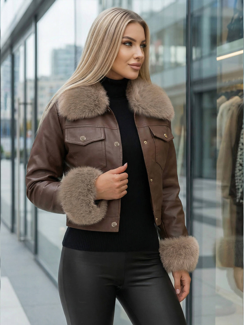 Kurtka skórzana damska z futerkiem czekoladowa OZONEE JS/61M8513/158