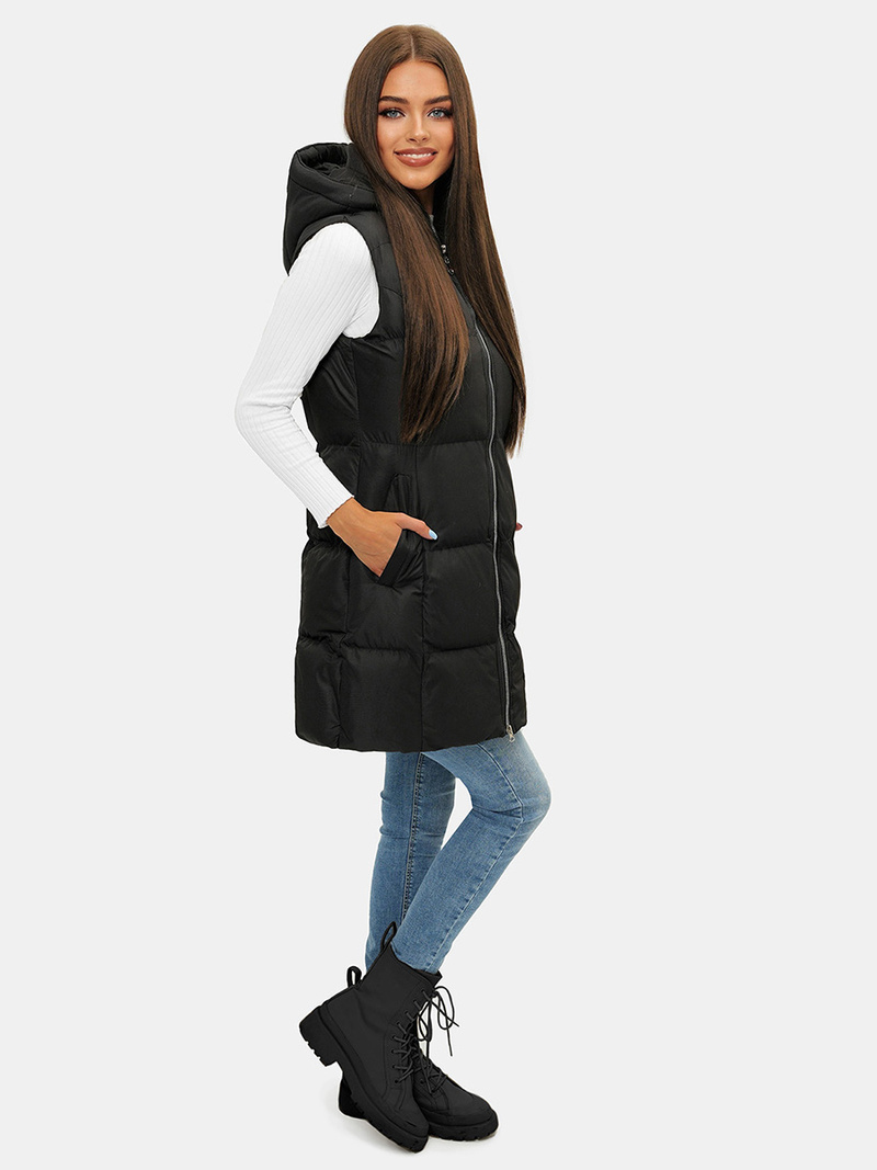 Kamizelka damska długa pikowana z kapturem czarna OZONEE JS/M721/392