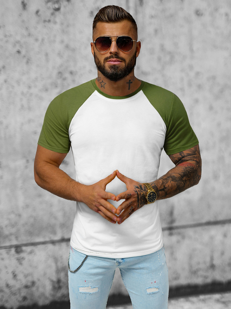 T-shirt męski biało-zielony OZONEE JS/8T82/29Z
