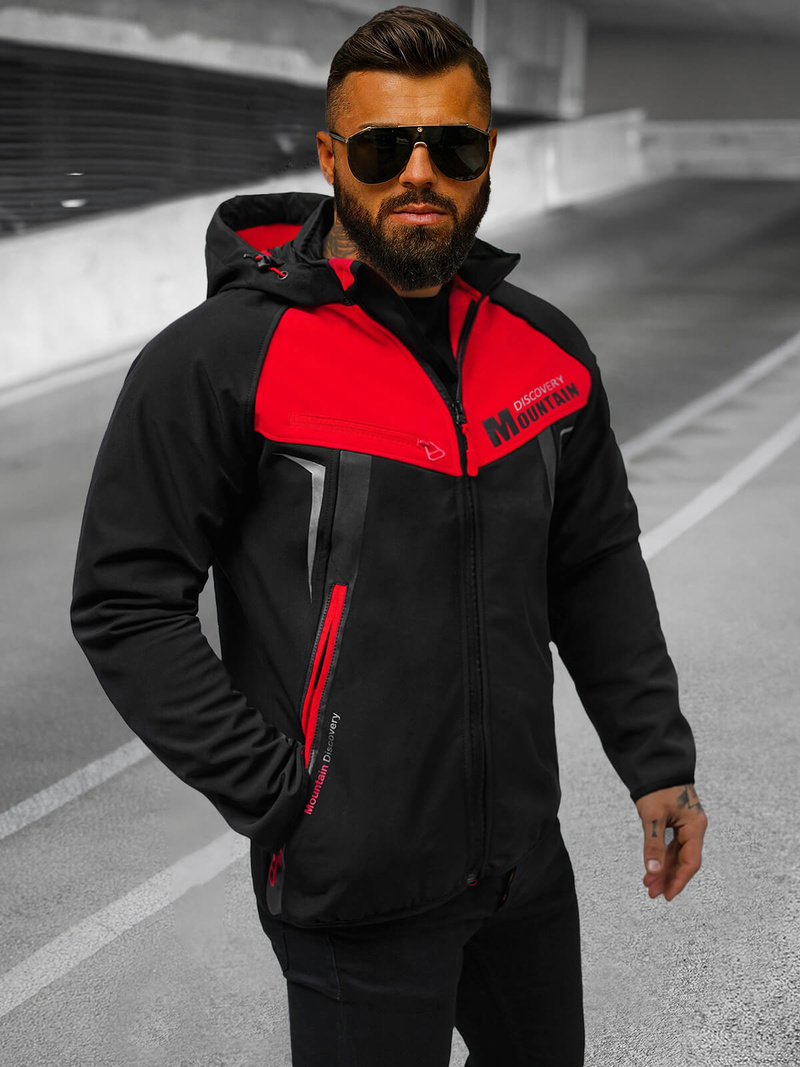Kurtka softshell męska z kapturem czarno-czerwona OZONEE JS/HH021/1C