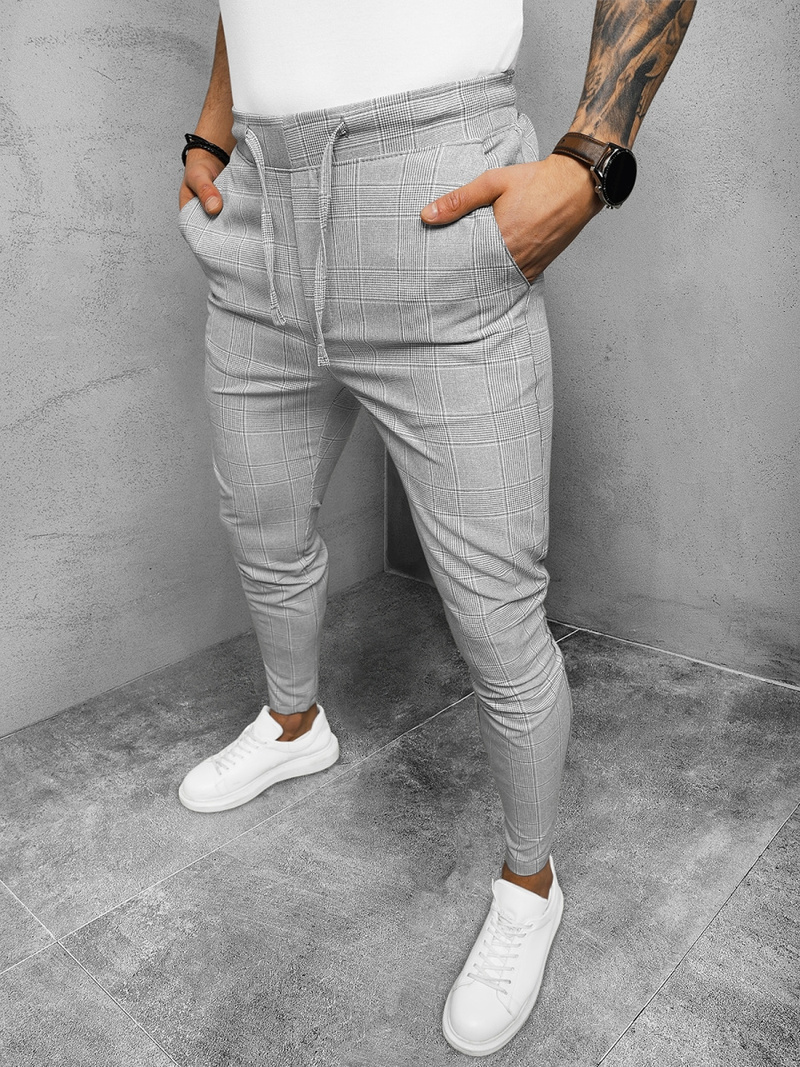 Spodnie męskie chino materiałowe w kratę szare OZONEE DJ/2293/22