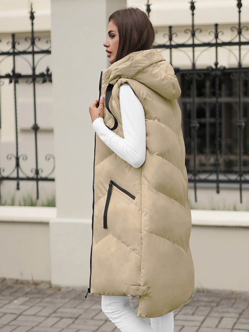 Kamizelka damska długa pikowana z kapturem beżowa OZONEE JS/M788/62Z