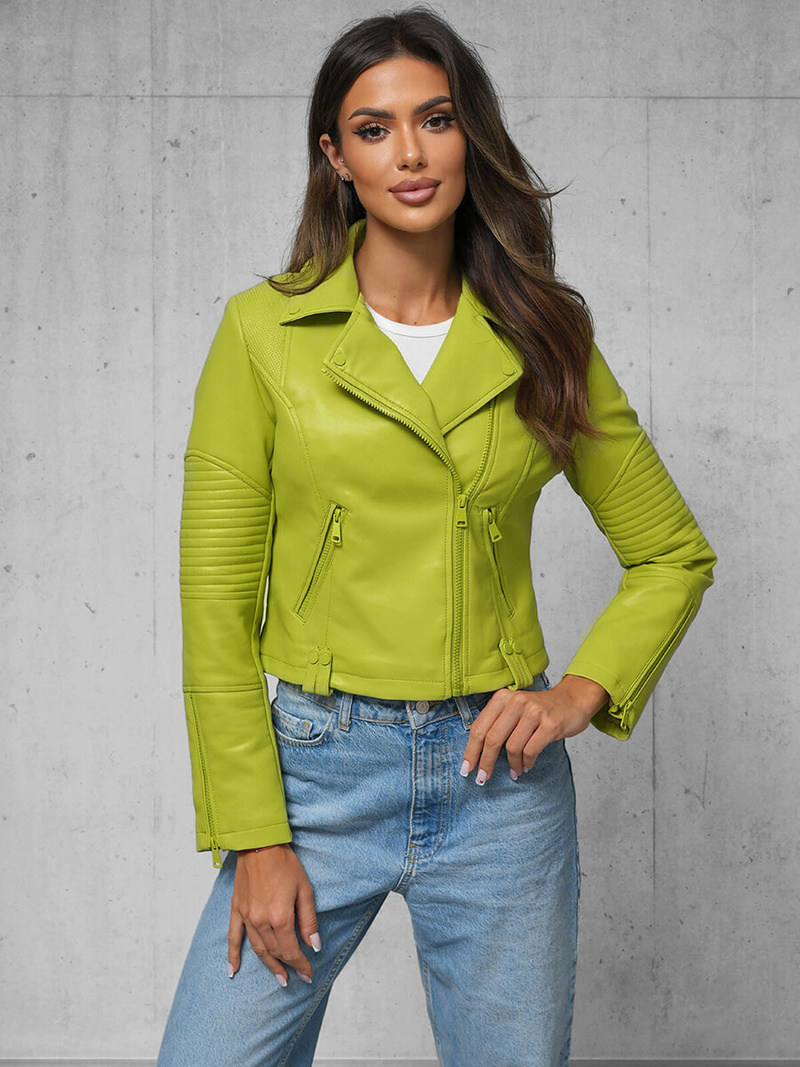 Kurtka skórzana damska ramoneska limonkowa OZONEE JS/11Z8130