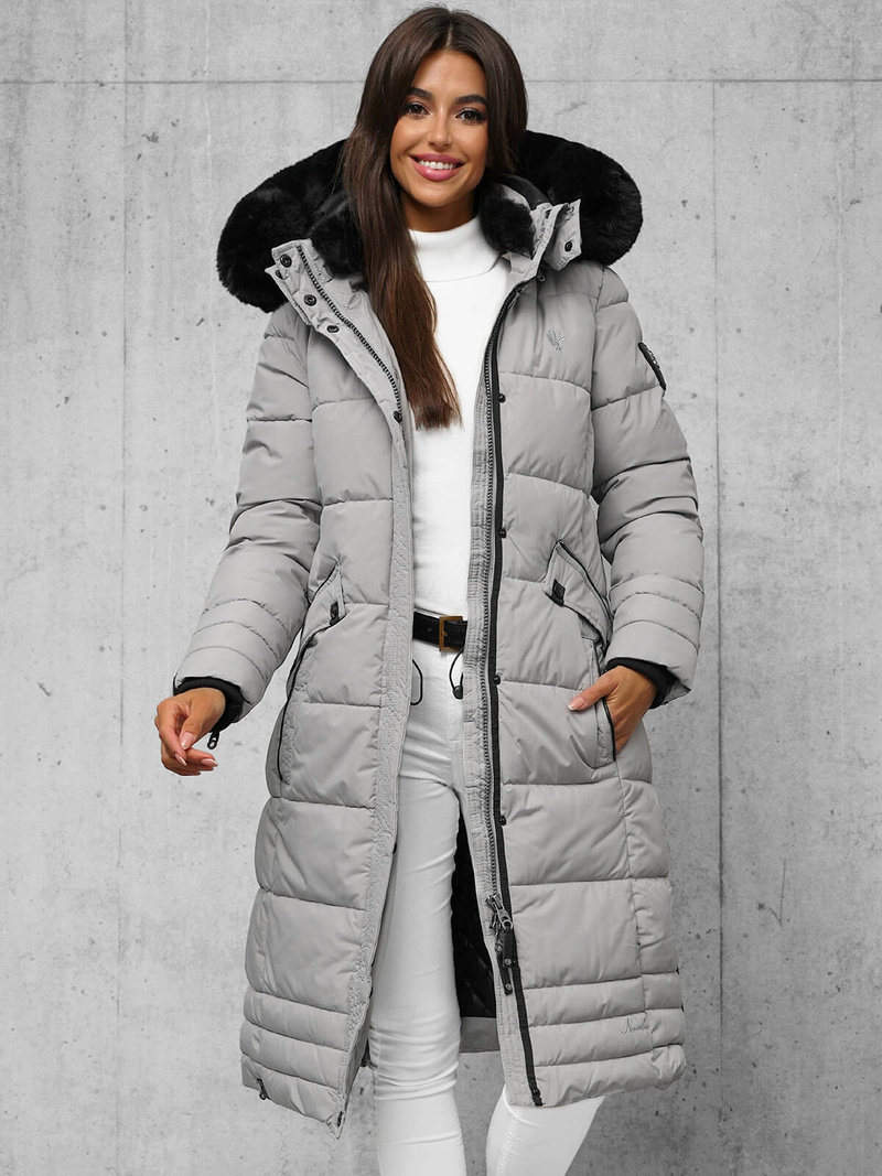 Kurtka zimowa damska długa pikowana szara OZONEE O/W377