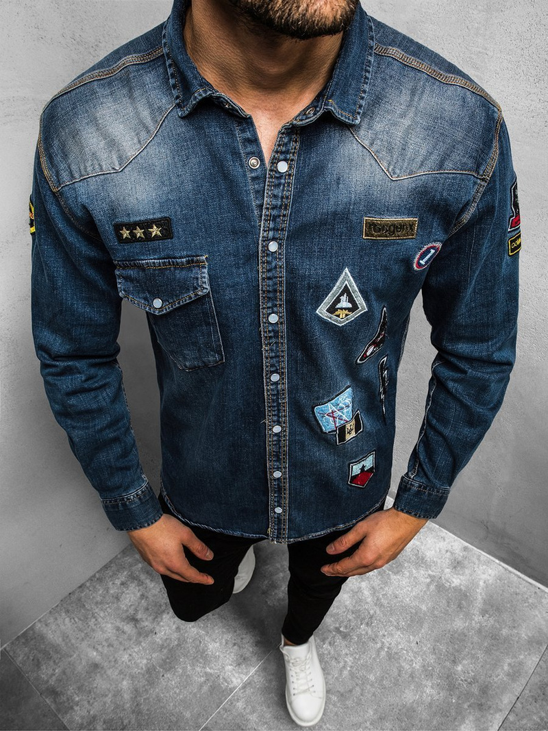 Koszula męska jeansowa ciemno-niebieska OZONEE O/5815Z