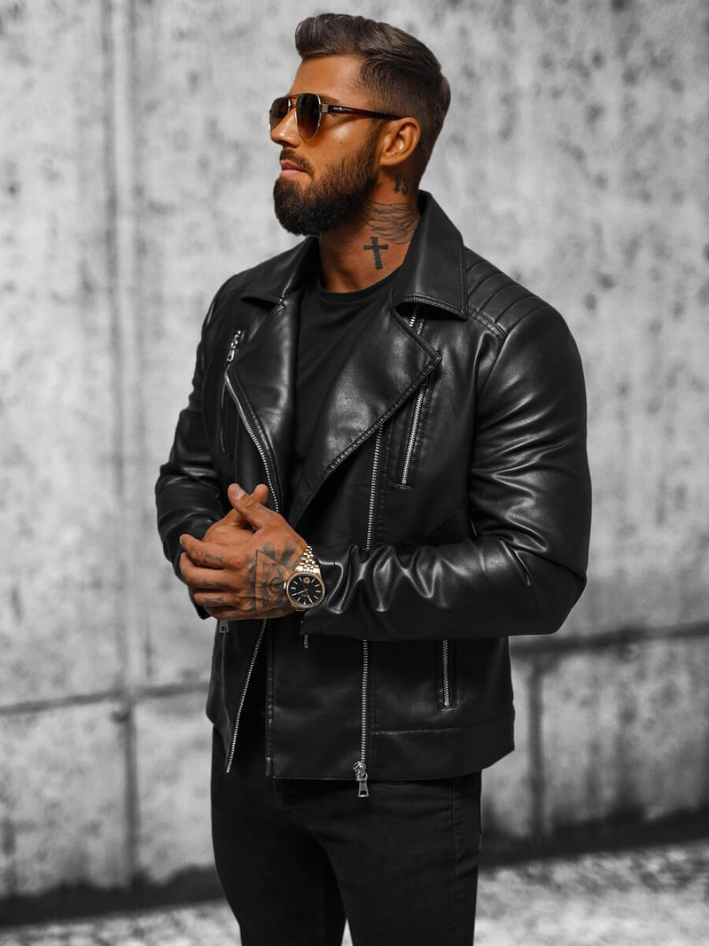 Kurtka skórzana męska ramoneska czarna OZONEE JS/11Z8056