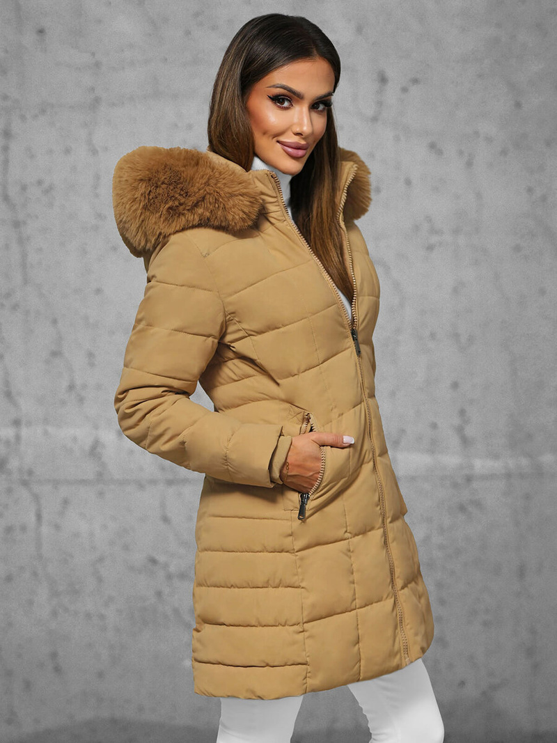 Kurtka zimowa damska długa z futerkiem beżowa OZONEE JS/16M9119/62