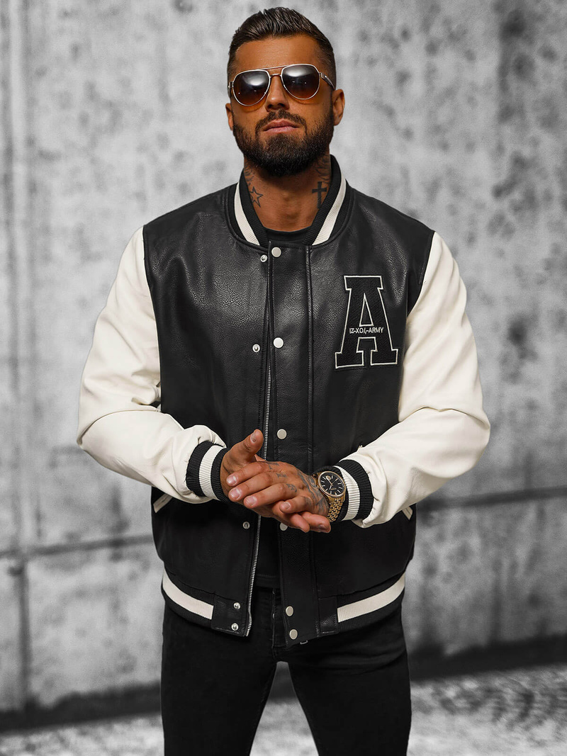 Kurtka skórzana męska bomberka czarno-biała OZONEE JS/11Z8112