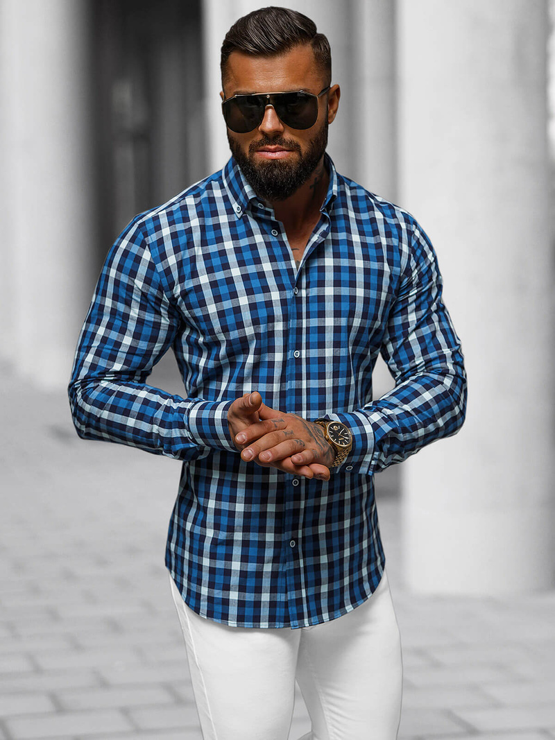 Koszula męska w kratę granatowa OZONEE O/V97