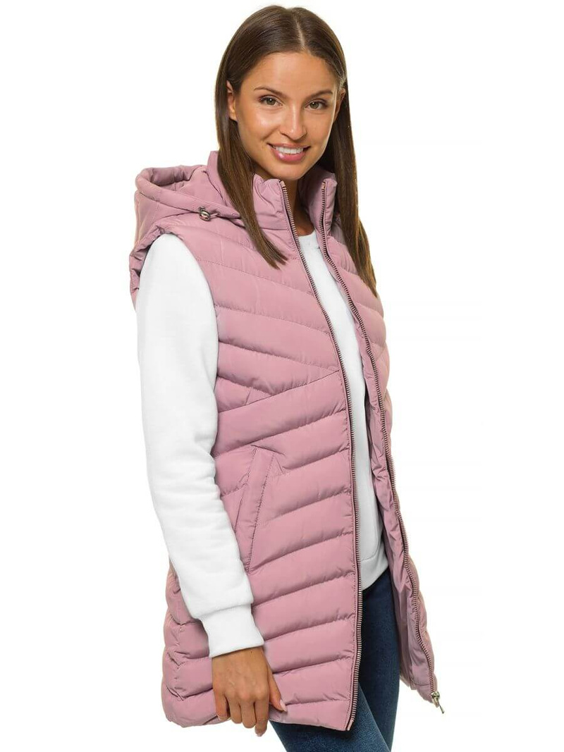 Kamizelka damska długa pikowana z kapturem pudrowa OZONEE N/6805/5