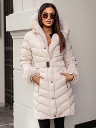 Kurtka zimowa damska długa z futerkiem ecru OZONEE JS/5M3156/254Z