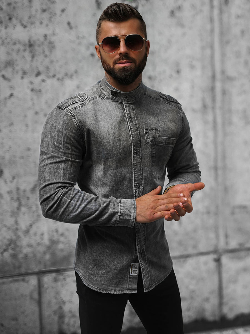 Koszula męska jeansowa ze stójką szara OZONEE NB/MC713G