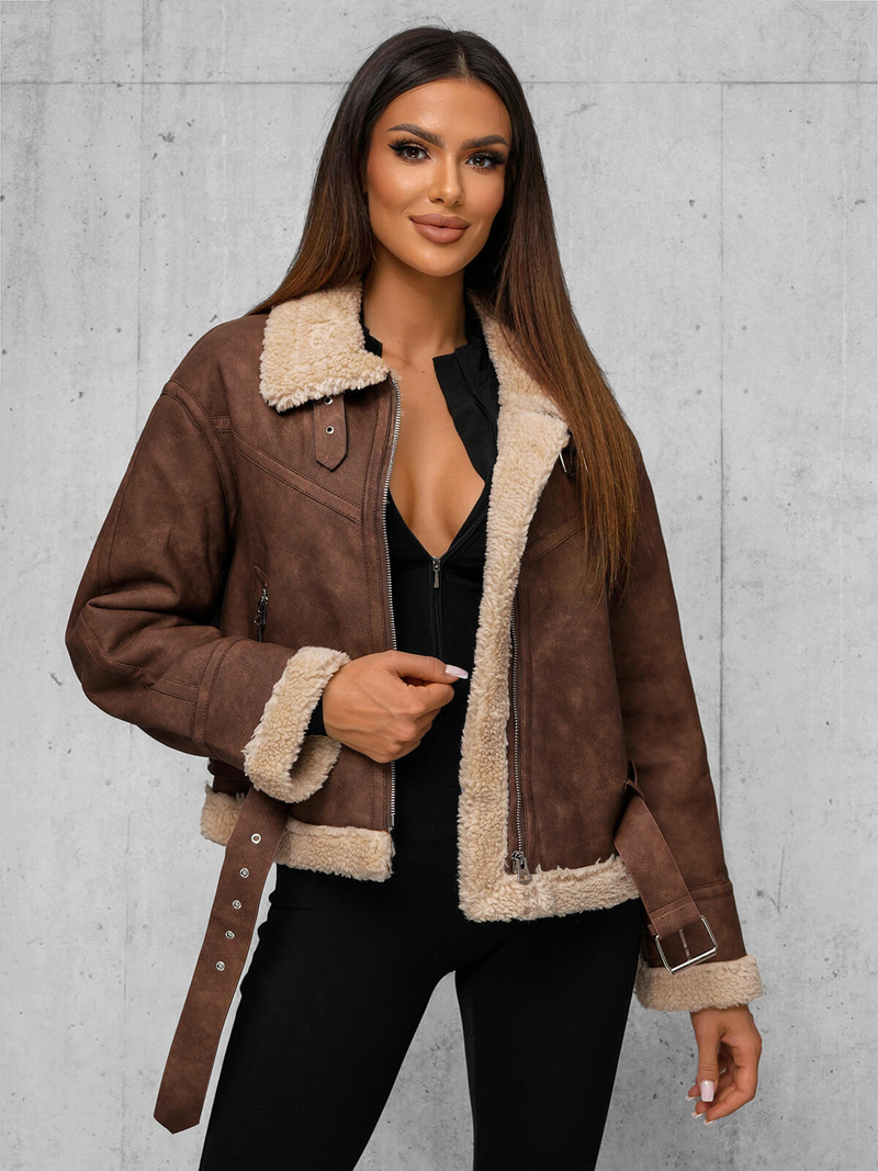 Жіноча шкіряна kуртка kоричнева OZONEE O/81331Z