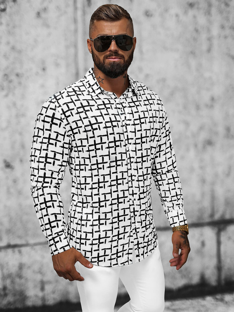 Koszula męska biało-czarna OZONEE E/9000/1Z