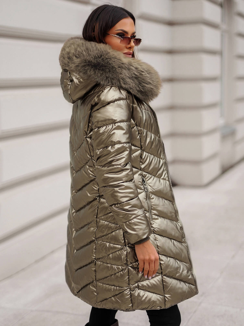 Kurtka zimowa damska długa z futerkiem złota OZONEE JS/16M9100/403Z