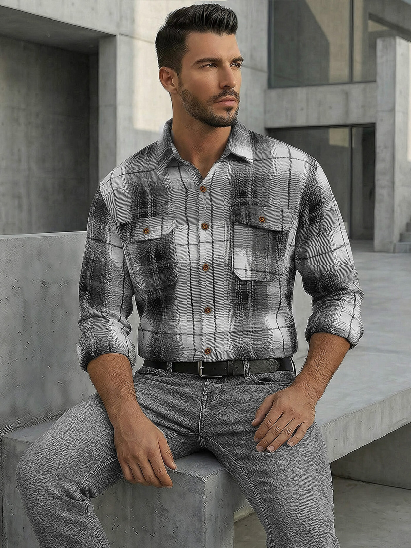 Koszula flanelowa męska w kratę czarno-biała OZONEE NB/MC728N/4Z