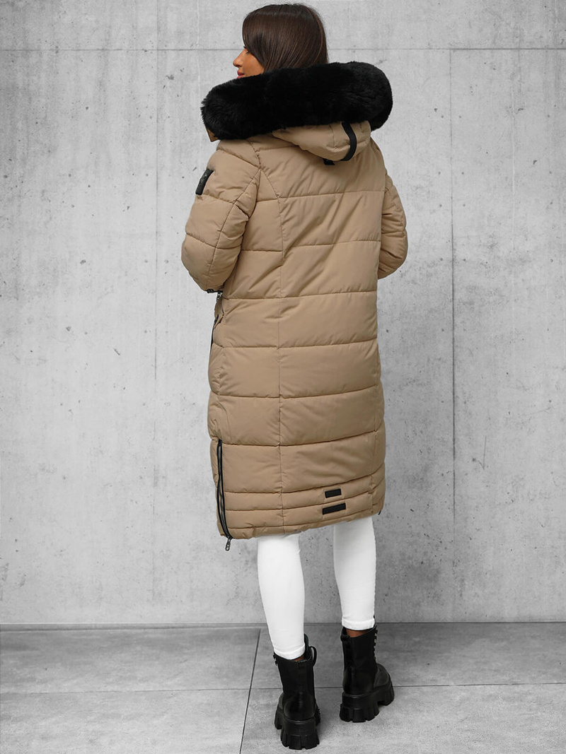 Kurtka zimowa damska długa pikowana ciemno-beżowa OZONEE O/W377