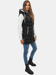 Kamizelka damska długa pikowana z kapturem czarna OZONEE N/7042