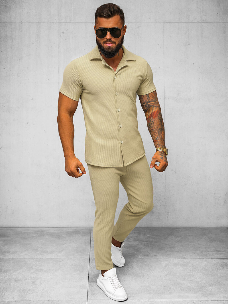 Koszula męska z krótkim rękawem beżowa OZONEE O/Y963T