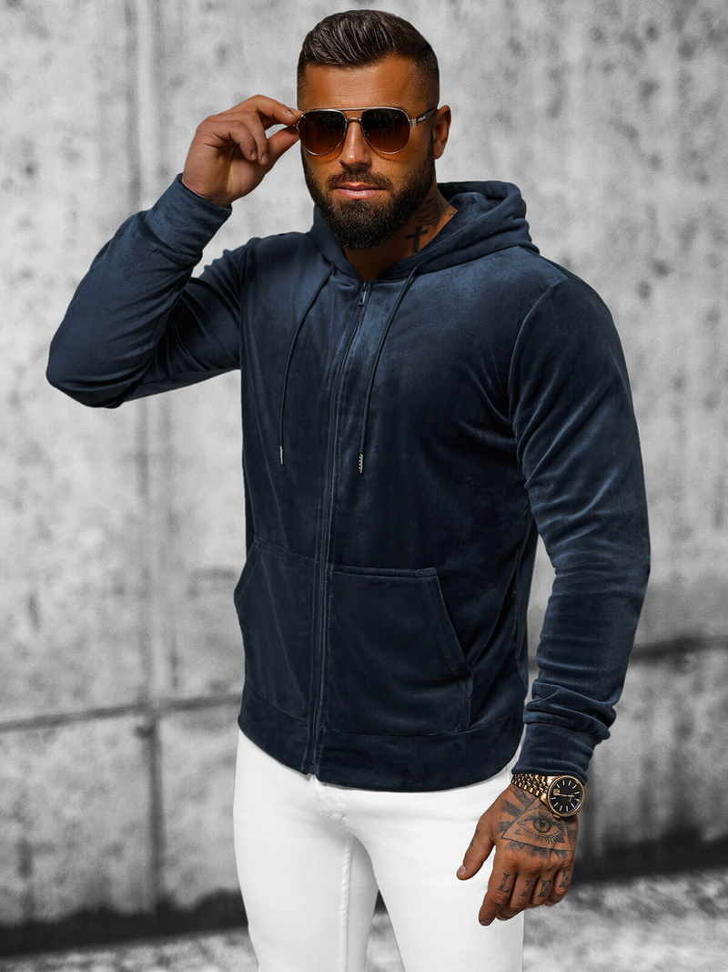 Bluza welurowa męska z kapturem granatowa OZONEE JS/8B1168/25