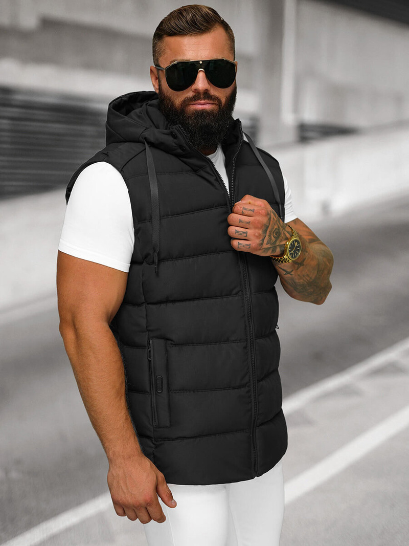 Kamizelka męska pikowana z kapturem czarna OZONEE JS/57M7506/392