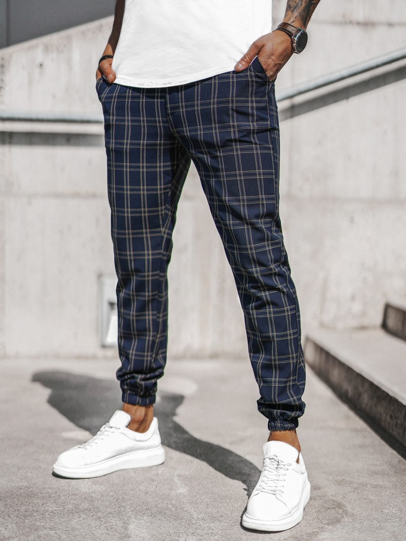 Spodnie męskie chino joggery w kratę granatowe OZONEE DJ/2288/22Z