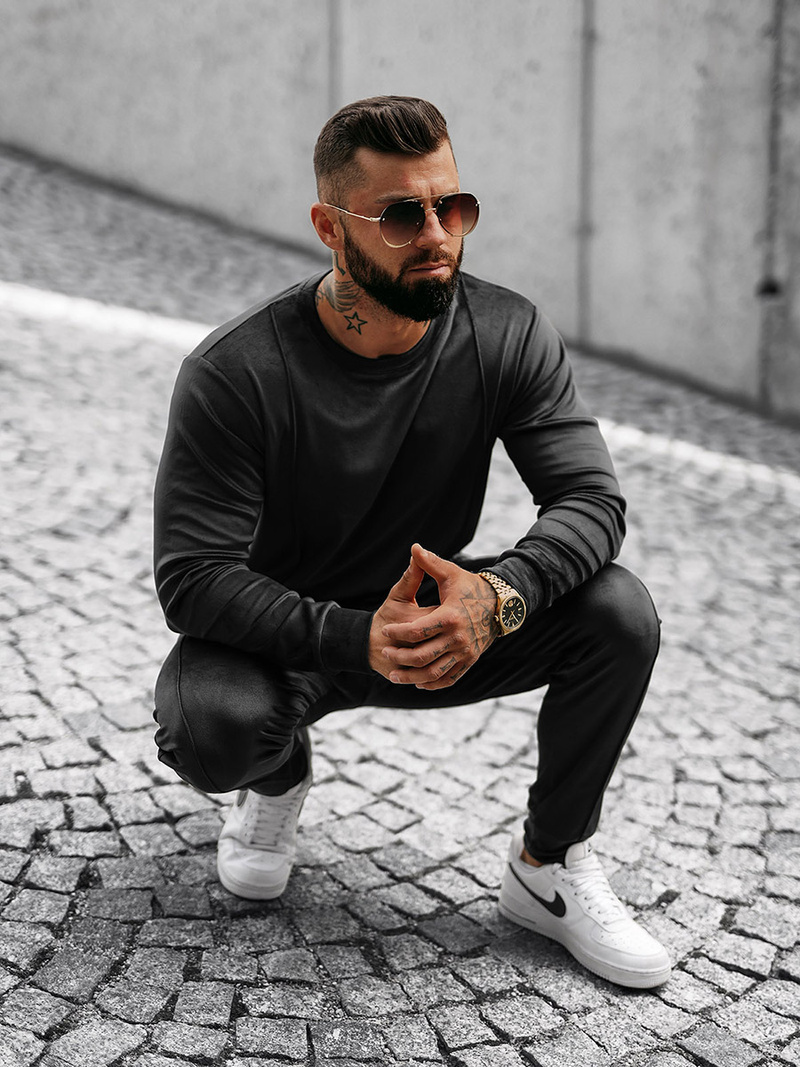 Komplet dresowy męski welurowy czarny OZONEE O/12129