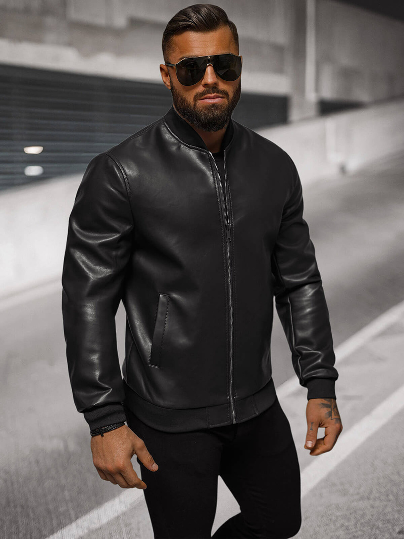 Чоловіча шкіряна куртка Чорна OZONEE O/88120
