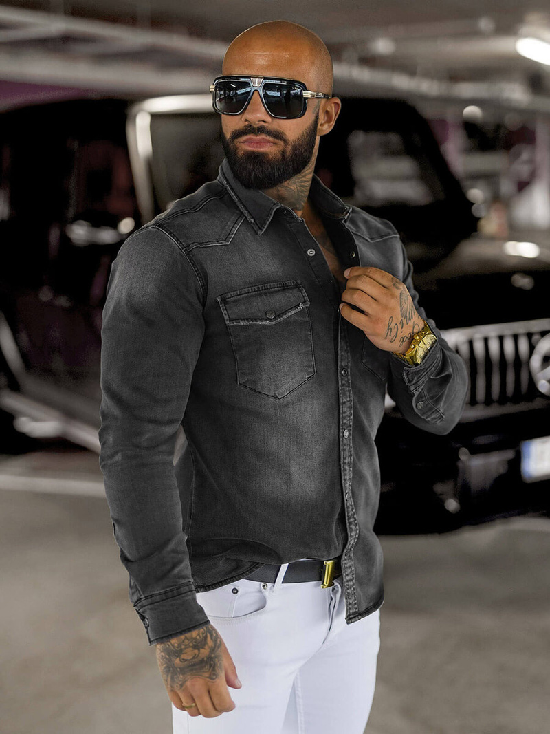 Чоловіча джинсова сорочка графіт OZONEE O/51413