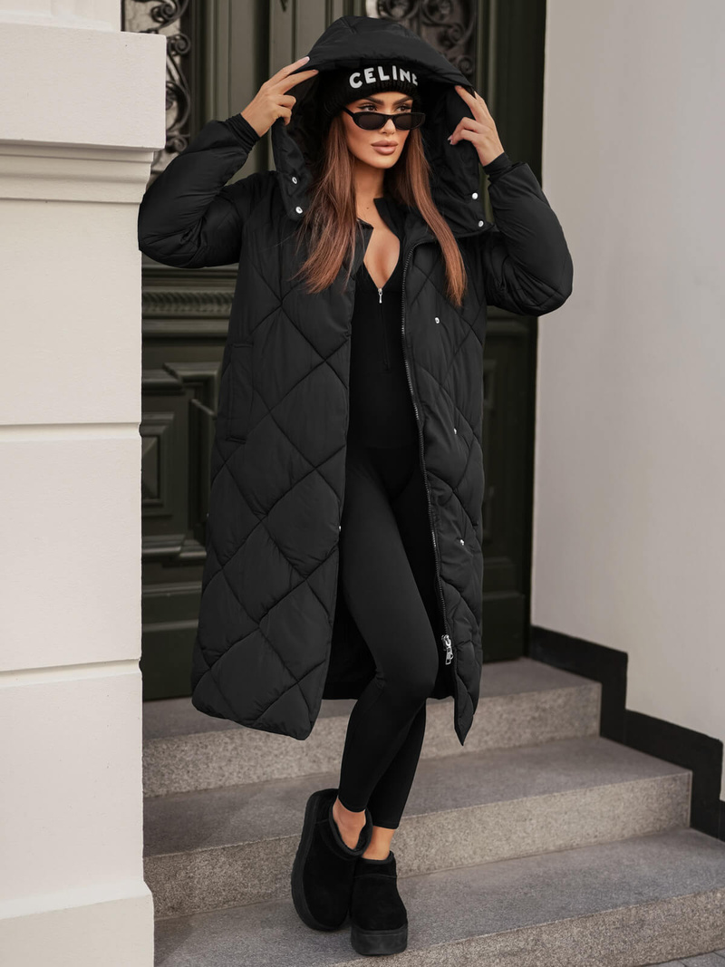 Kurtka zimowa damska długa pikowana czarna OZONEE JS/5M3173/392Z