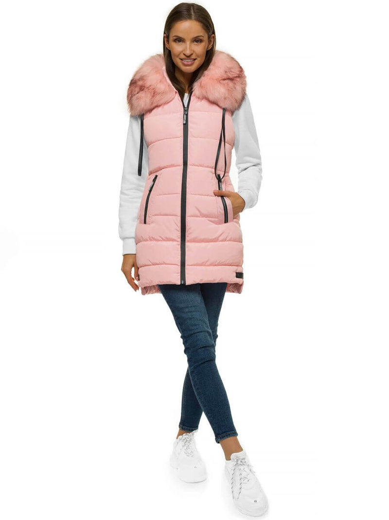 Kamizelka damska długa pikowana z futerkiem jasnoróżowa OZONEE O/M205/58