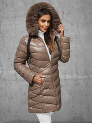 Kurtka zimowa damska długa z futerkiem ciemno-beżowa OZONEE JS/5M3139/84