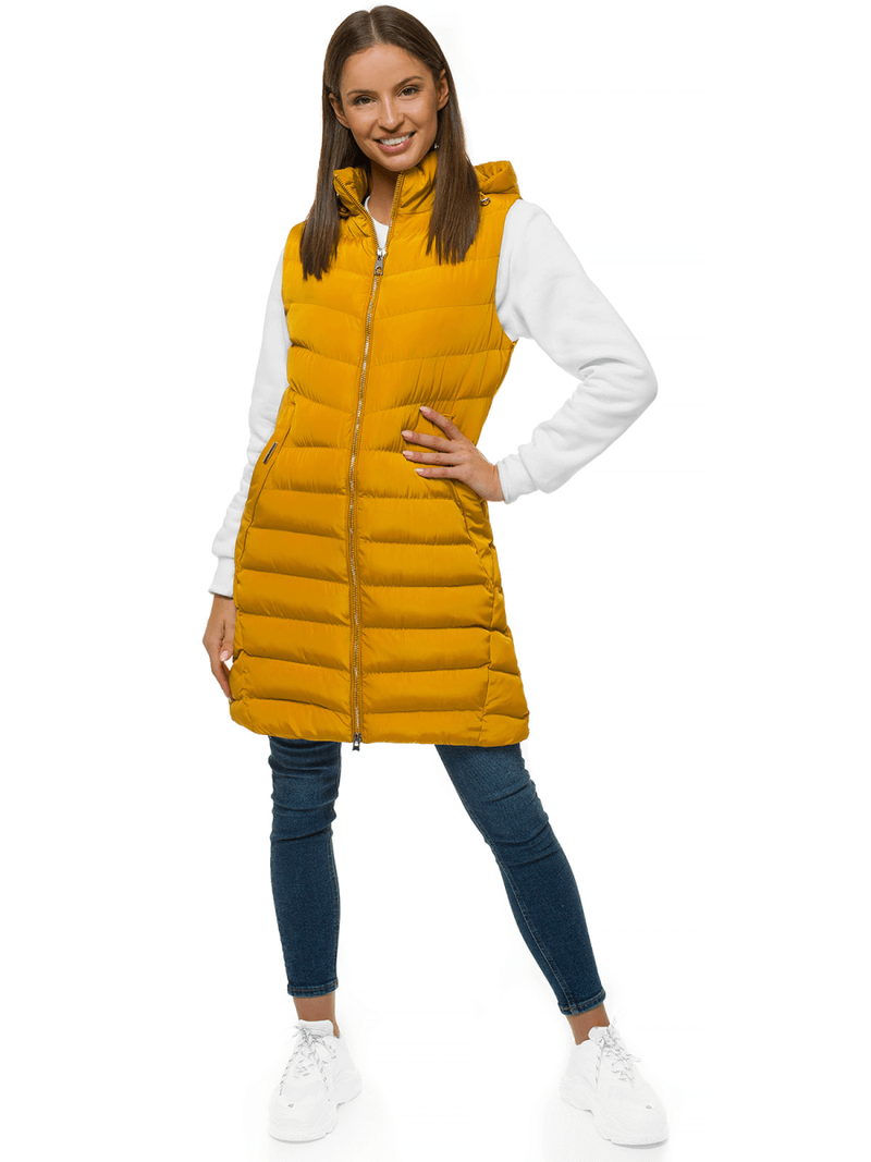 Kamizelka damska długa pikowana z kapturem camelowa OZONEE N/6811/4