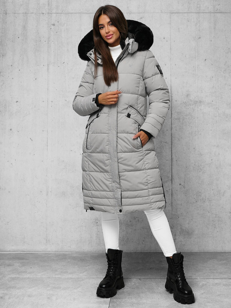 Kurtka zimowa damska długa pikowana szara OZONEE O/W377