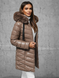 Kurtka zimowa damska długa z futerkiem ciemno-beżowa OZONEE JS/5M3139/84