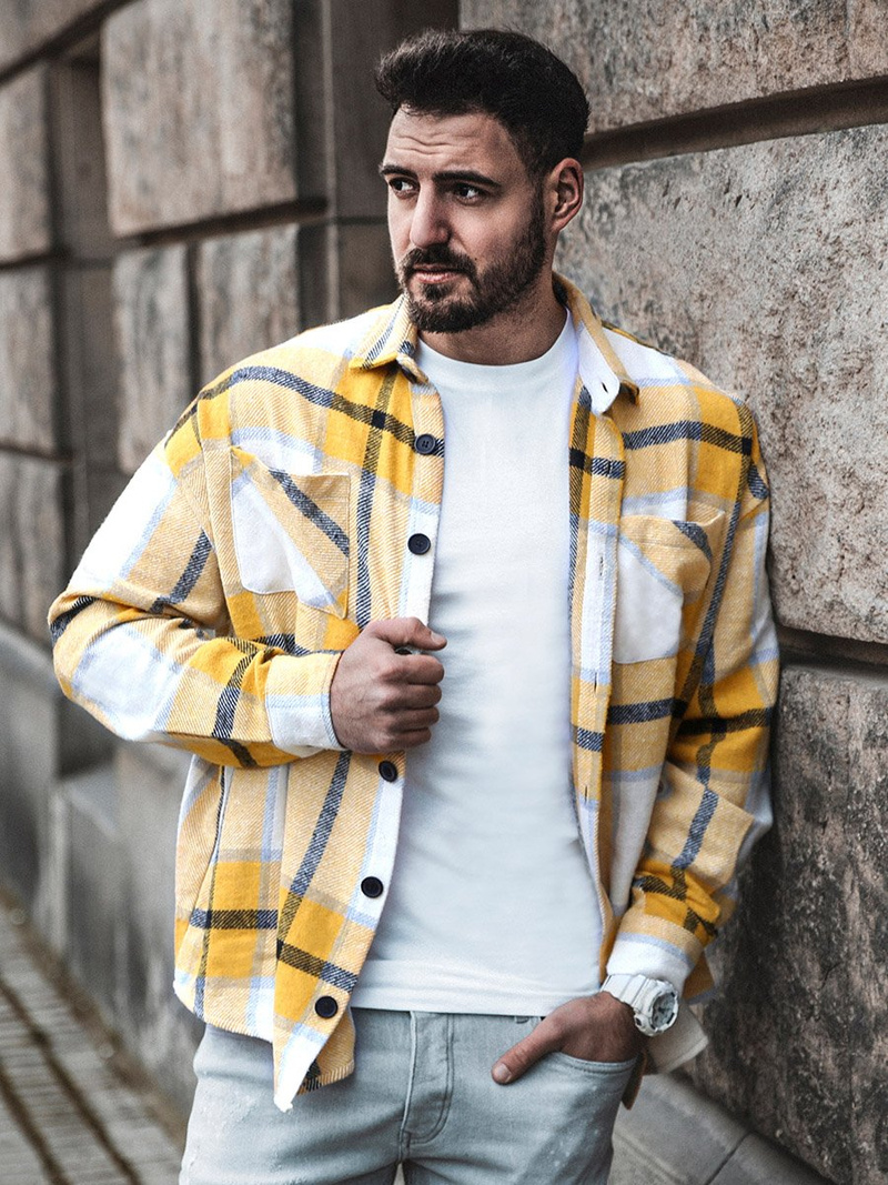 Koszula kurtka w kratę męska flanelowa żółta OZONEE O/DR2020