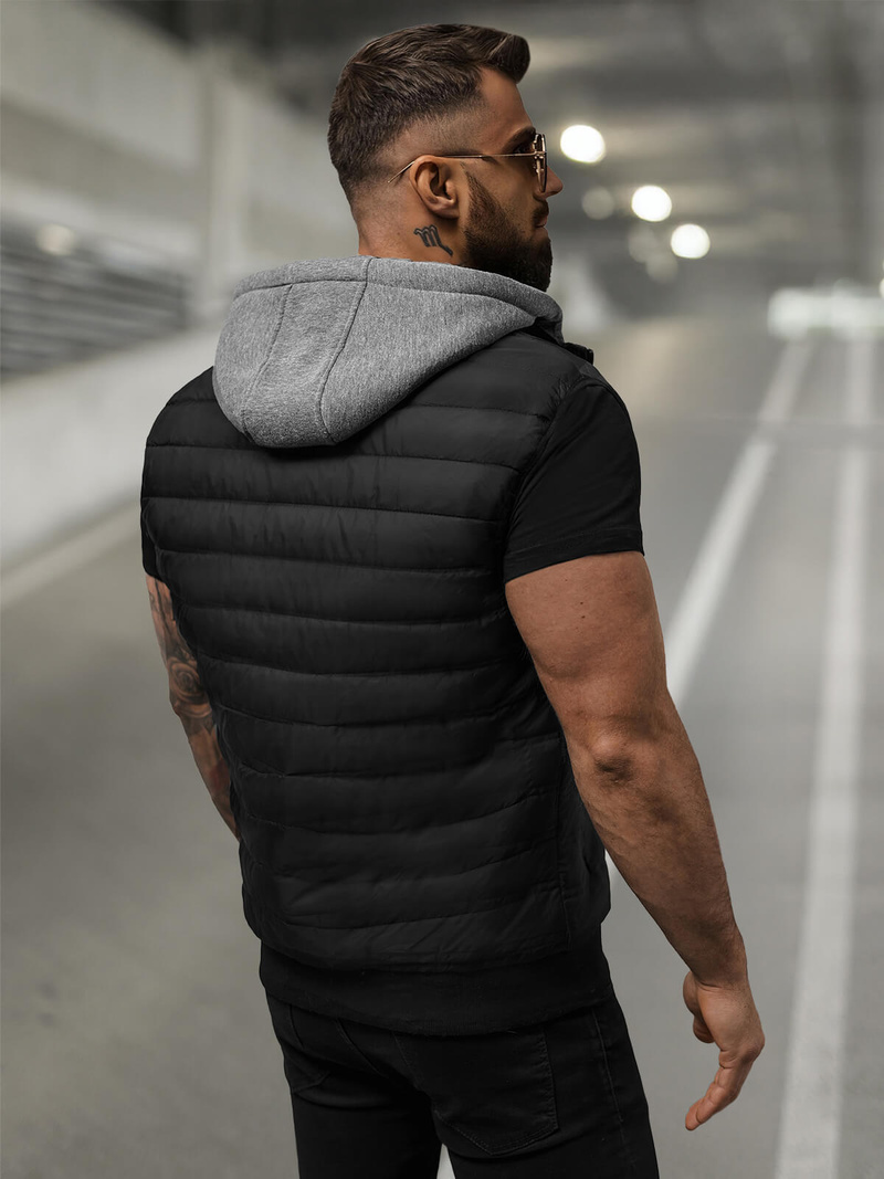 Kamizelka męska pikowana z kapturem czarna OZONEE JS/8M983/392