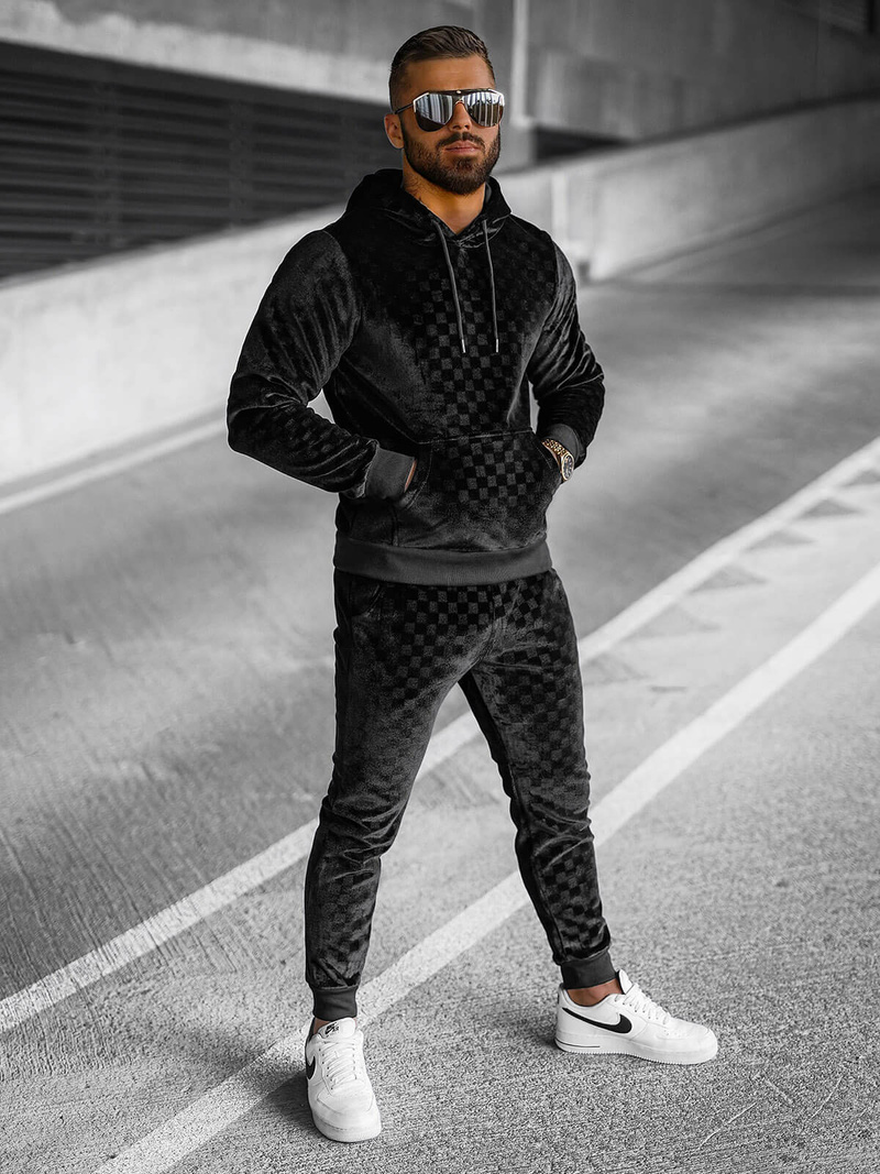 Komplet dresowy męski welurowy czarny OZONEE O/3A82Z