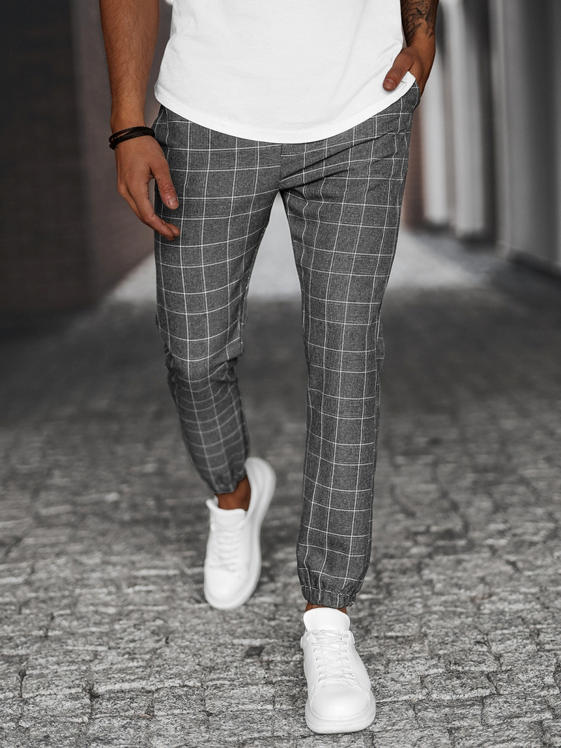 Spodnie męskie chino materiałowe w kratę grafitowe OZONEE DJ/2305/22