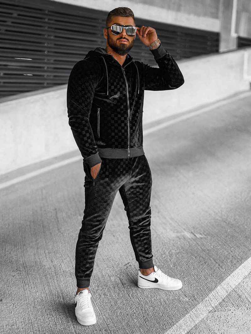 Komplet dresowy męski welurowy czarny OZONEE O/3A133/A135Z